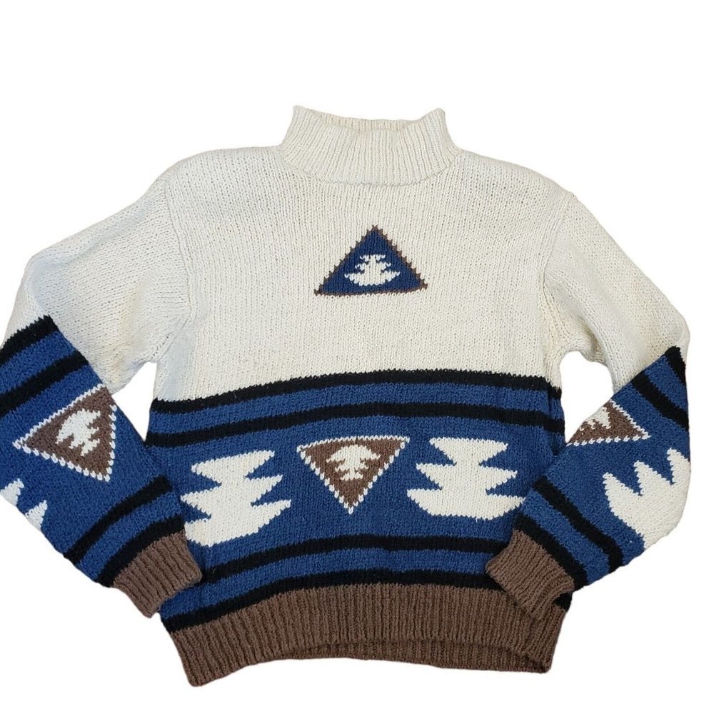 Vintage 90s Chunky Mockneck Handknit Neutral Southwest‎ Aztec Sweater Cream S/M
